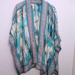 Aqua Blue Print Kimono Open Front Beach Cover Up Watercolor XL Coastal Grandma